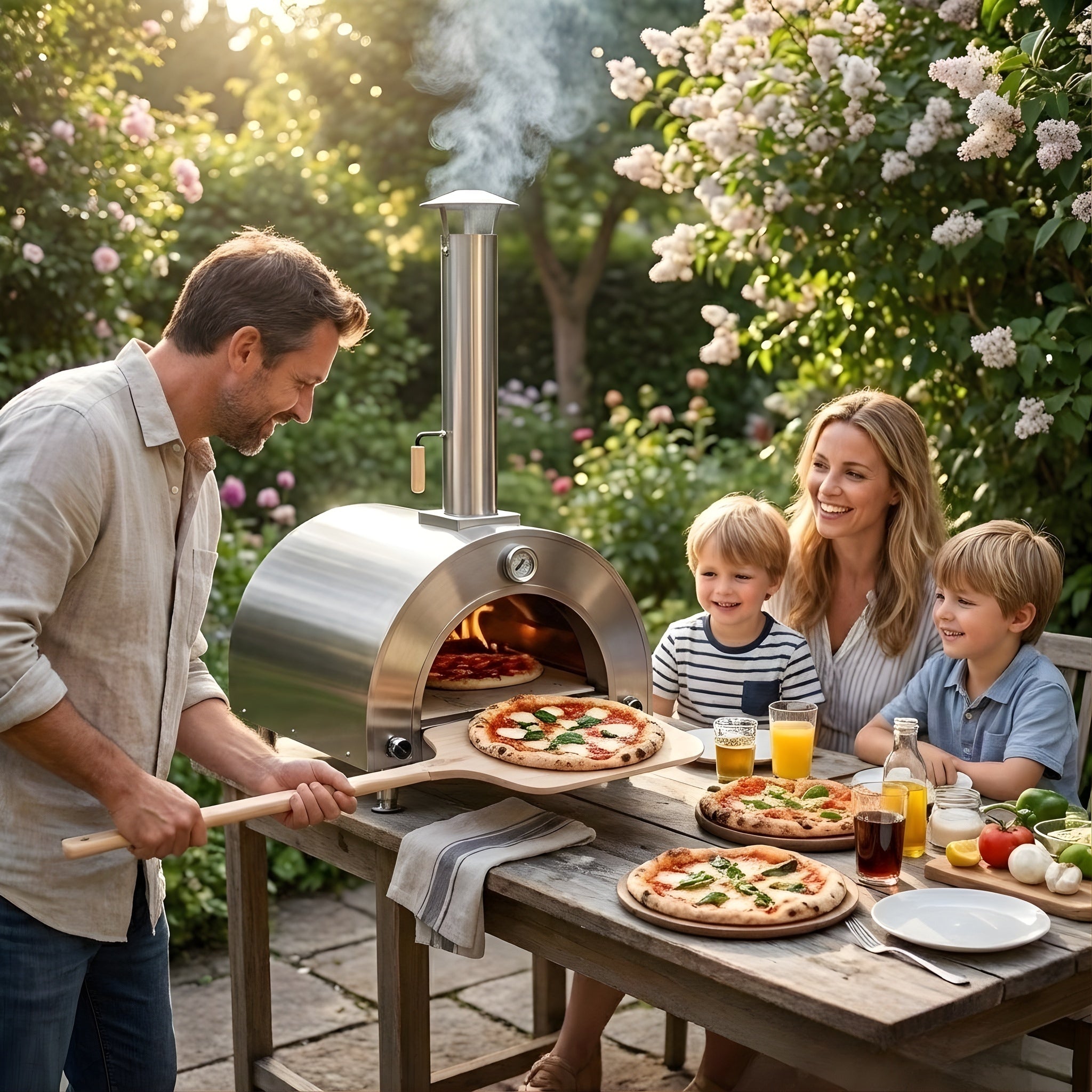 Premium Built-in Stainless Steel Outdoor Gas Burning Pizza Oven Wood Handles
