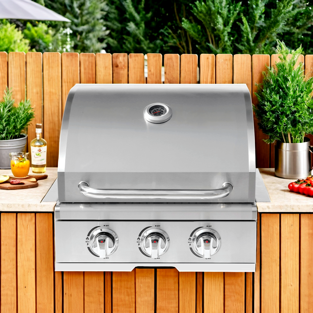 3-Burner Built-In Stainless Steel BBQ Grill – Silver Round-Top